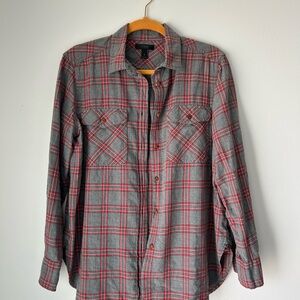 J. Crew Classic Gray and Red Plaid Flannel Button Down Shirt